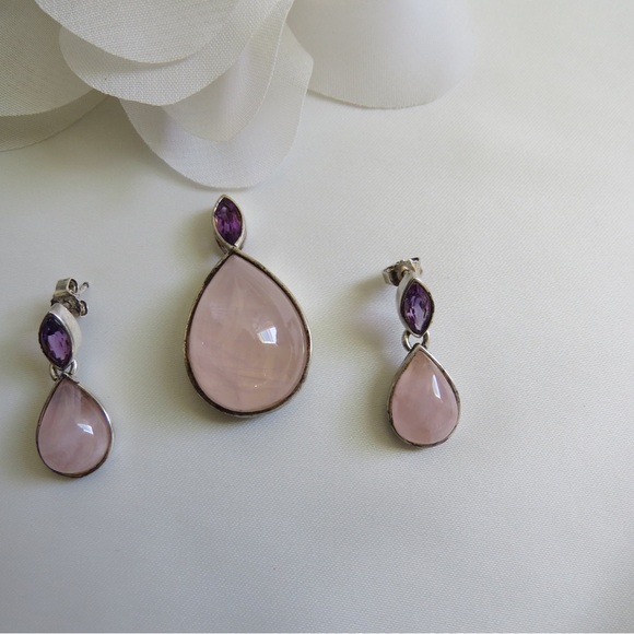 Beautiful set of Rose Quartz and Amethyst pendant and earrings - Picture 1 of 3